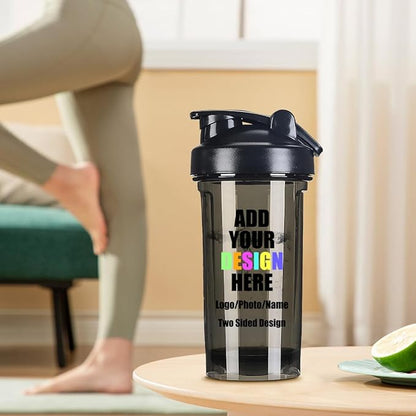 Custom Shaker Bottles 18 Oz for Men Women, Personalized Shaker Bottle with Handle Add Your Own Name Logo Picture - Easy Clean Sports Water Cups, Black