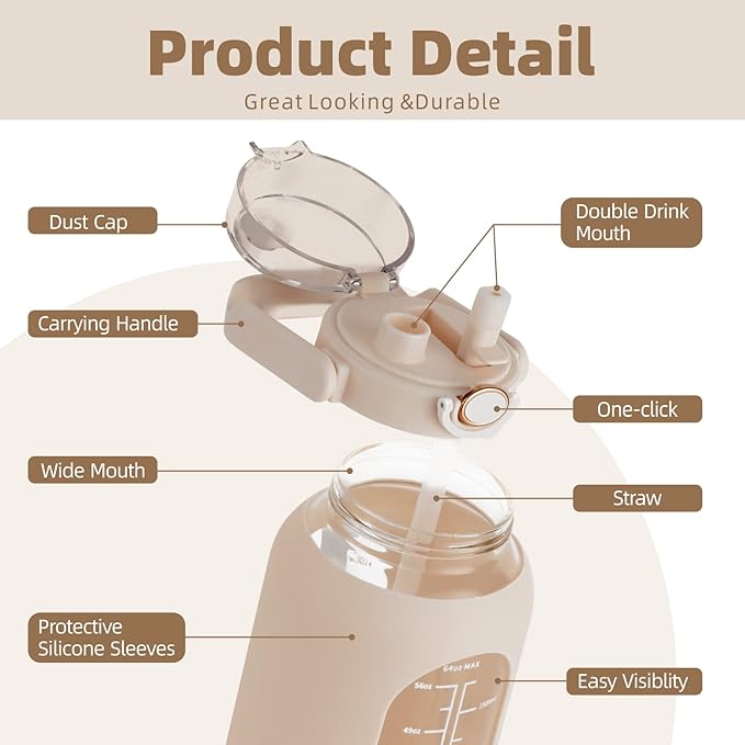 SIEROZUR 64 oz Glass Water Bottle with Straw and Handle Lid Half Gallon Motivational Glass Bottle with Silicone Sleeve and Time Marker Large Reusable Sports Water Jug for Gym Home Workout