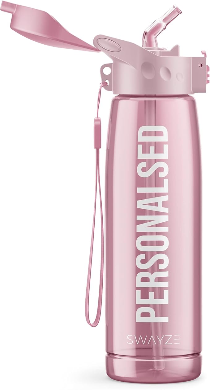 Personalised Water Bottle With Straw 660ml, School Water Bottles Boys Girls, Gym Bottle BPA Free Cycling Sports Add Your Custom Text To Bottle (Pink - Personalized)