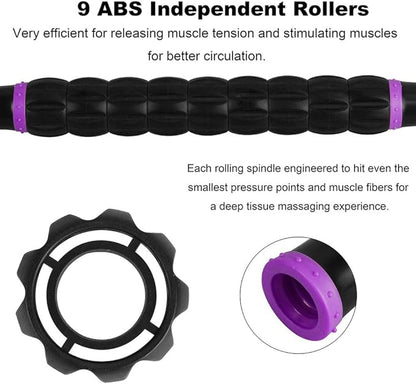 YANSYI 9-Roller Muscle Recovery Massage Stick - Deep Tissue Massager for Post-Workout Recovery & Pain Relief (Purple)