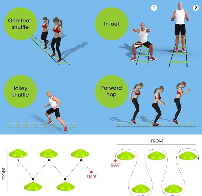 Yes4All Agility Ladder Lime 12 Rung + Agility Cone Lime 12pcs and Agility Hurdle Set, Ultimate Speed Training Equipment, Agility Obstacle Training, Pet Outdoor Games, Included Carry Bag