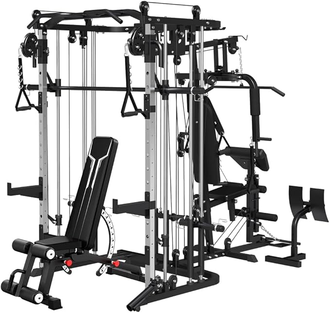 All in One Home Gym System Workout Station, Multi-Function Smithe Machine Power Cage with Cable Crossover System, Tripe-Sided Independent Load Posts, Functional Trainer for Full Body Training