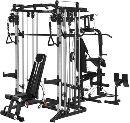 All in One Home Gym System Workout Station, Multi-Function Smithe Machine Power Cage with Cable Crossover System, Tripe-Sided Independent Load Posts, Functional Trainer for Full Body Training