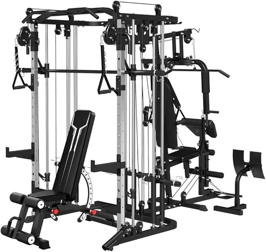 All in One Home Gym System Workout Station, Multi-Function Smithe Machine Power Cage with Cable Crossover System, Tripe-Sided Independent Load Posts, Functional Trainer for Full Body Training