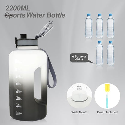 GEMFUL Half Gallon Water Bottle with Time Marker 74oz BPA-Free Leakproof Jug for Gym Workout 2.2L Large Capacity (White/Black no Straw)