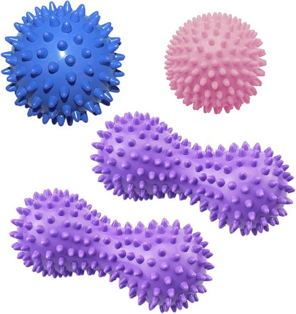 Spiky Peanut Massage Balls,4 Piece Hard Spiky Massage Ball Roller Set，Myofascial Release Ball，Foot Pain Relief, Muscle Therapy, Back Massage, Plantar Fasciitis Support