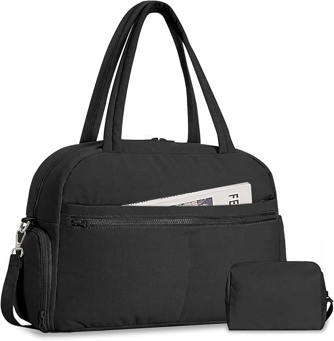 Sports Gym Bag for Women, Lightweight Travel Duffle Bags with Shoe Compartment & Wet Pocket, Weekender Overnight Bag Fitness Workout Bag with Toiletry Bag (Black)