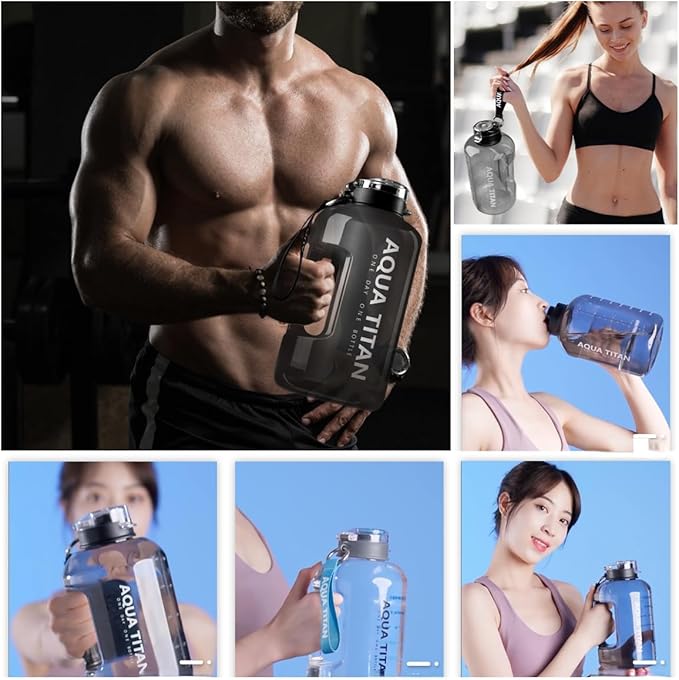 Gym Water Bottle with Straw and Time Marker (74oz-135oz) for Work, Hiking, Gym Large Capacity for Men and Women (BlackWhite(PP+4 gifts), 74oz/2200ml)