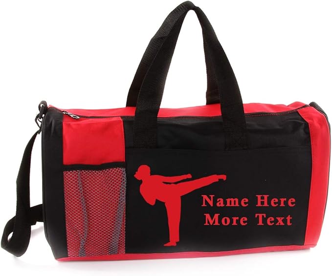 KishKesh Personalized Sport Duffel Bag – Ideal for Martial Arts, Gym, Travel, Training & Workout Essential for Female – Durable, Customizable Name & Text for Kids and Adults – Red, 18" X 10" X 8"