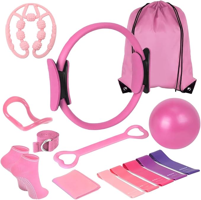 Pilates Essentials Kit for Women, 14 Pcs Home Workout Equipment with Pilates Circle Ball Ring Set Resistance Bands and Anti Slip Sock, Yoga Pilate Essentials Accessories