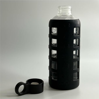 purifyou 40oz / 32oz / 22oz / 12oz Borosilicate Glass Water Bottle with Time & Volume Markers, Silicone Sleeve, Stainless Steel Lid | Reusable Glass Bottle for Water & Juice (22oz Jet Black)