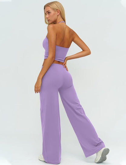 Womens Workout Sets Two Piece Spaghetti Straps Crop Top Matching Straight Leg Pants Gym Work Pilates Outfits