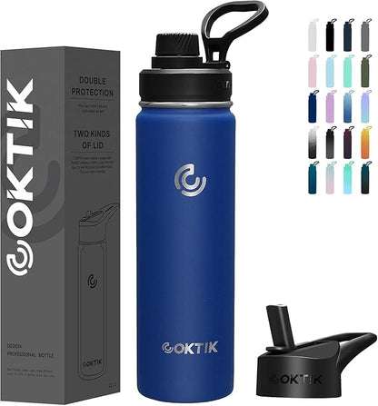 40 Pack 22 oz Sports Water Bottle With Straw,2 Lids, Stainless Steel Vacuum Insulated Water Bottles,Leakproof Lightweight, Keeps Cold and Hot, Great for Travel(Cobalt)