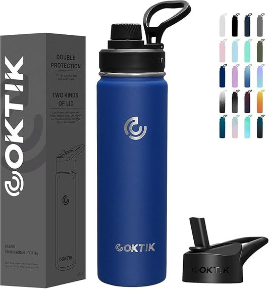40 Pack 22 oz Sports Water Bottle With Straw,2 Lids, Stainless Steel Vacuum Insulated Water Bottles,Leakproof Lightweight, Keeps Cold and Hot, Great for Travel(Cobalt)