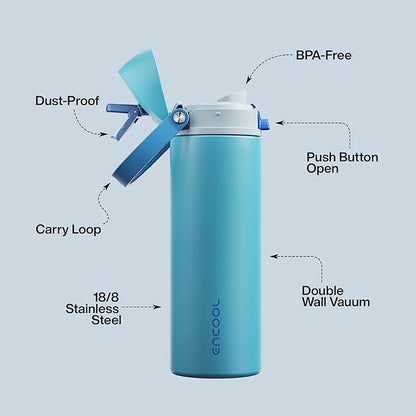 Insulated Water Bottle with Straw - Encool Stainless Steel Water Bottle with Push Button Lid, Leak-Proof & BPA-Free, Keeps Cold for 24 Hours for Sports, Travel, Gym (24 oz, Silk Blue)