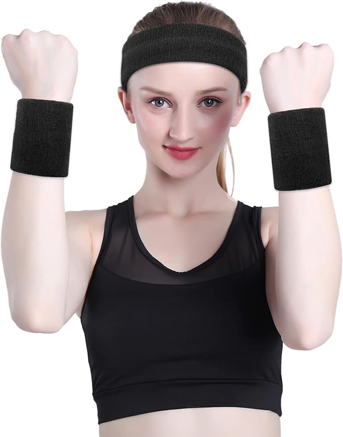 ONUPGO Sweatband Set Sports Headband Wristband Set Sweatbands Terry Cloth Wristband Wrist Sweatband Headbands Moisture Wicking Sweat Absorbing Head Band