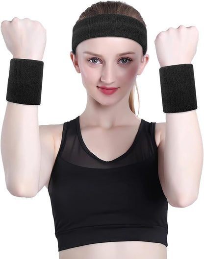 ONUPGO Sweatband Set Sports Headband Wristband Set Sweatbands Terry Cloth Wristband Wrist Sweatband Headbands Moisture Wicking Sweat Absorbing Head Band