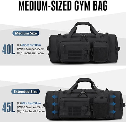 3 in 1 Tactical Gym Bag Backpack for Men 40-45L Expandable Travel Duffle Bag for Women Large Military Sport Duffel Bags Weekend Overnight with Shoe Compartment & Wet Pocket for Fitness, Black