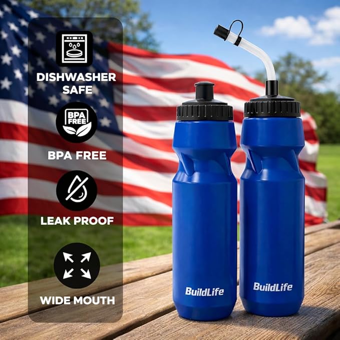 Hockey Water Bottle with Long Straw - 32 OZ Squeeze Sports Water Bottles 2 Pack with 2 Lids Each(Straw and Squeeze),Lacrosse Water Bottle for Helmet Hockey,Football,Boxing,BPA Free,Dishwash Safe(Blue)