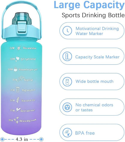64 oz Large Capacity Water Bottle with Motivational Time Markers and Straw, Portable, Leakproof, BPA Free for Fitness, Gym and Outdoor Sports. (Green)