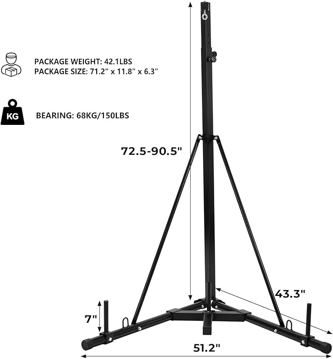 Height Adjustable Punching Bag Stand, Heavy Duty Boxing Stand, Steel Sandbag Rack - Supports Up to 150 lbs for Home Gym Fitness