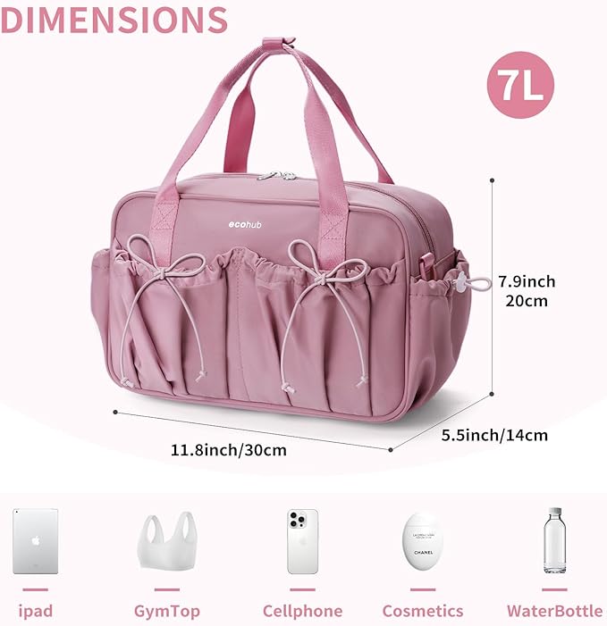ECOHUB Small Gym Bag for Women, Mini Gym Duffle Bag with Wet Compartment, Bowknot Sports Bag, Cute Gym Tote Bag Dance Yoga Workout Travel Bags Pink