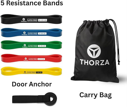 THORZA Resistance Bands Set – 5 Stackable Levels Up to 150 lbs, Workout Bands with Handles, Door Anchor & Carry Bag, Latex-Free TPE Exercise Bands – Full Body Home Gym (7-Piece Set)