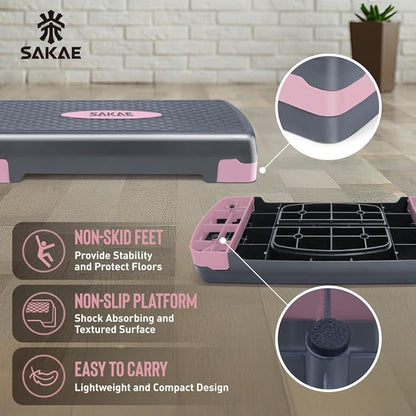 SAKAE Adjustable Aerobic Stepper Kit with Dumbbells & Kettlebell & Weightlifting Belt & Measuring Tape, 2 Level Risers Exercise Step Platform for Home Gym Exercise Fitness Workout, Multiple Colors