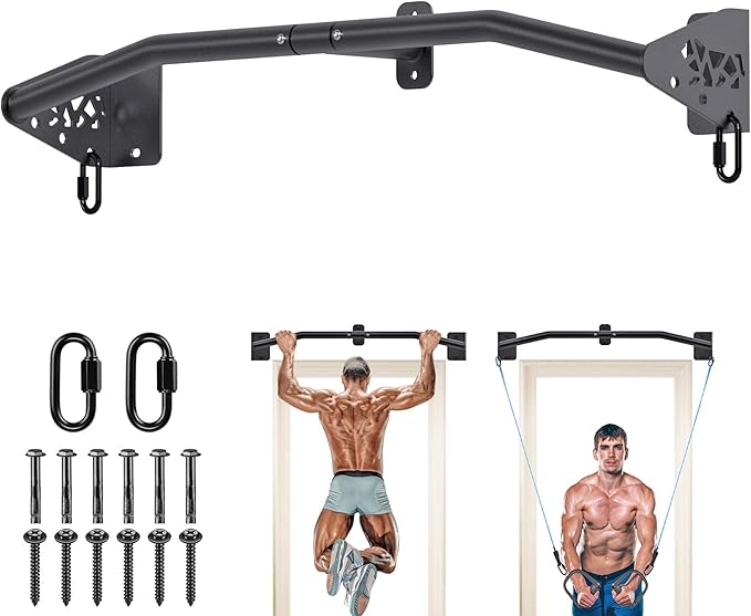 SELEWARE Heavy Duty Wall Mount Pull Up Bar, Joist Mount Chin Up Bar for Doorway, Sturdy Steel Construction, w/Resistance Band Hooks, Fits 32"/36" Wall Studs for Home Gym Strength Training