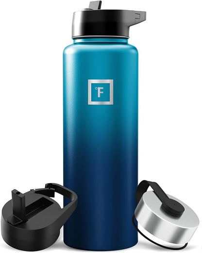 IRON °FLASK Camping & Hiking Hydration Flask with Straw, Wide Mouth Insulated Stainless Steel Sports Water Bottle - 40 oz Dark Night