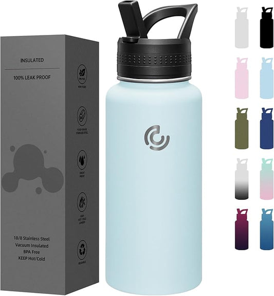 COKTIK 32oz Sports Water Bottle, Stainless Steel Water Bottle for Insulated, Reusable Travel Bottle, With Straw, With Handle Grip for Easy Carrying, Suitable for Cycling, Outdoor Vacations(FOG)