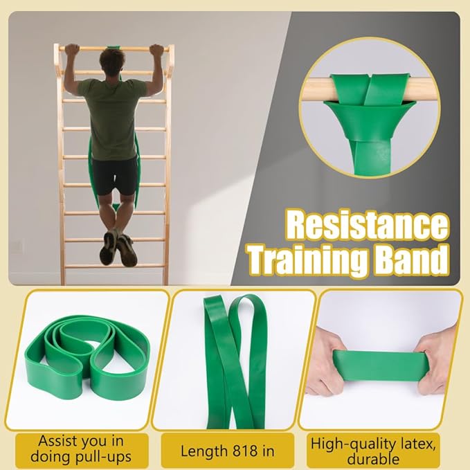 Wood Swedish Ladder with 11 Strategic Rods,Withstands up to 330 lbs,Stall Bar,Include Exercise Straps+Pull-Up Resistance Band+Pull-Up Bar,31.5”*86.6”,Wall Mounted,Stretching and Various Exercises,Indoor Home School Gym Fitness
