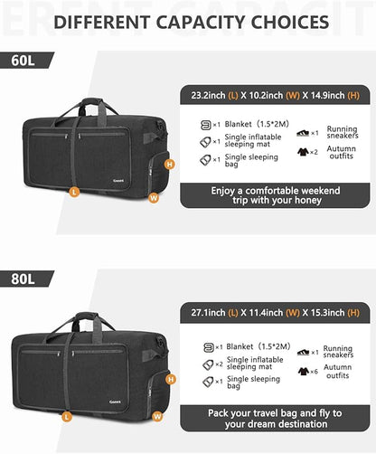Gonex 40L 60L 80L 100L 150L Large Foldable Travel Duffle Bag with Shoes Compartment, Packable Lightweight Water Repellent Duffel Bag for Camping Gym Weekender Bag
