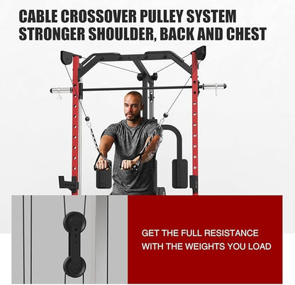 FAGUS Smith Machine Home Gym Power Cage with Pulley System, Space Saving Design Squat Rack with Full Body Strength Training Attachments, PEC Station & Fixed Cable Crossover Optional