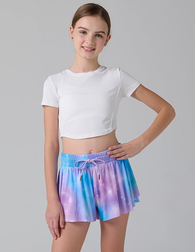 3 Pack Girls Flowy Shorts with Spandex Liner 2-in-1 Youth Butterfly Skirts for Fitness, Running, Sports