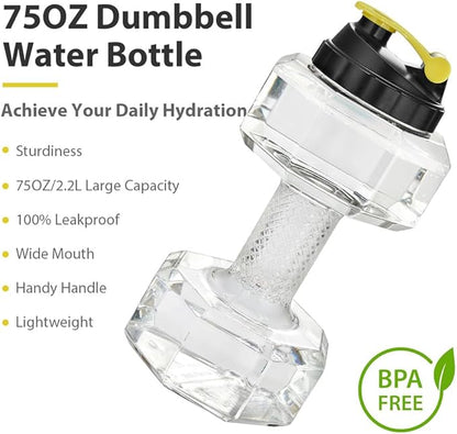 2.2L / 75Oz Dumbbell Shape Water Bottle, PETG Eco-friendly Sports Fitness Exercise Water Jug for Gym, Yoga, Running, Outdoors, Cycling, and Camping