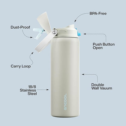 Insulated Water Bottle with Straw - Encool Stainless Steel Water Bottle with Push Button Lid, Leak-Proof & BPA-Free, Keeps Cold for 24 Hours for Sports, Travel, Gym (32 oz, Kangaroo Grey)
