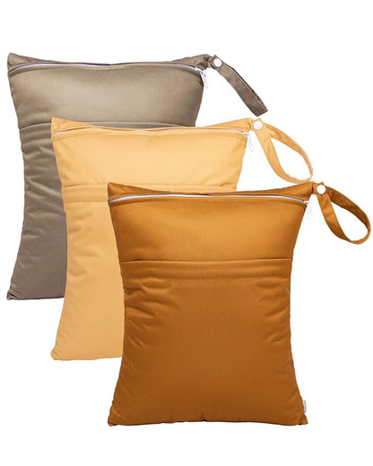babygoal Wet Dry Bags for Baby Cloth Diapers, Washable Travel Bags, Beach, Pool, Gym Bag for Swimsuits & Wet Clothes with Two Zippered Pockets 3 Pack, 3LN20