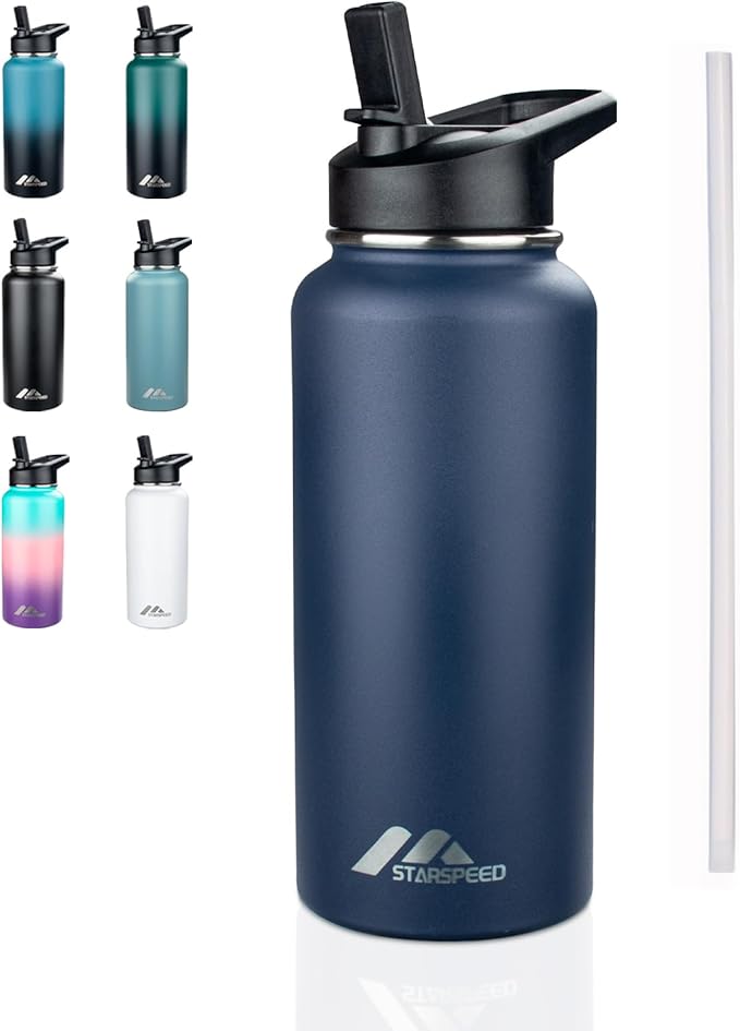 StarSpeed 32oz Insulated Water Bottle with Straw Lid, Stainless Steel Double Walled Vacuum Water Flask, Wide Mouth Sports Water Bottle for Gym Camping Hiking, Navy Blue