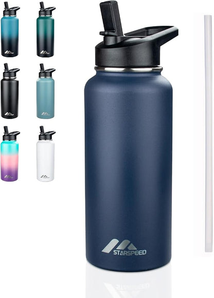 StarSpeed 32oz Insulated Water Bottle with Straw Lid, Stainless Steel Double Walled Vacuum Water Flask, Wide Mouth Sports Water Bottle for Gym Camping Hiking, Navy Blue