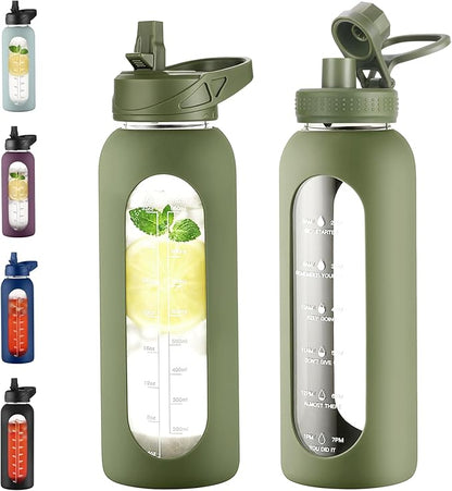 40 oz Glass Water Bottle With Straw and Handle, Sports Motivational Water Jug Flask with Silicone Sleeve, Large Water Cup with Time Marker for Travel, Gym, Army Green