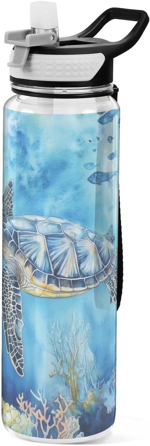 Fustylead Watercolor Sea Turtle Swimming in Ocean Tritan Water Bottle with Straw and Lids, 32 oz Reusable BPA Free Sport Water Bottle for Gym Camping Hiking Travel