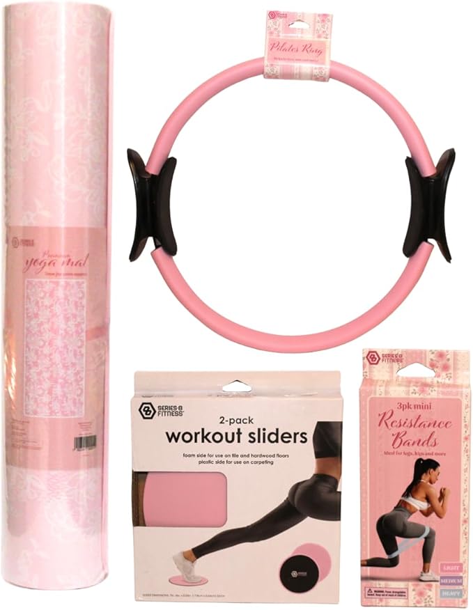 Pink Pilates Starter Kit for Home Workout – Yoga Mat, Pilates Ring, Resistance Bands & Core Sliders Set