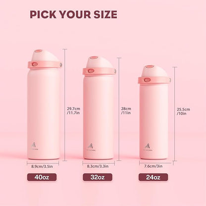 POWCAN 40 oz Insulated Water Bottle for Sports: 2-in-1 Lid with Push-Button Spout & Quick-Flip Straw, Leakproof, Car Cupholder Friendly, Stainless Steel for Gym, School, Travel, Camping (Cotton Candy)
