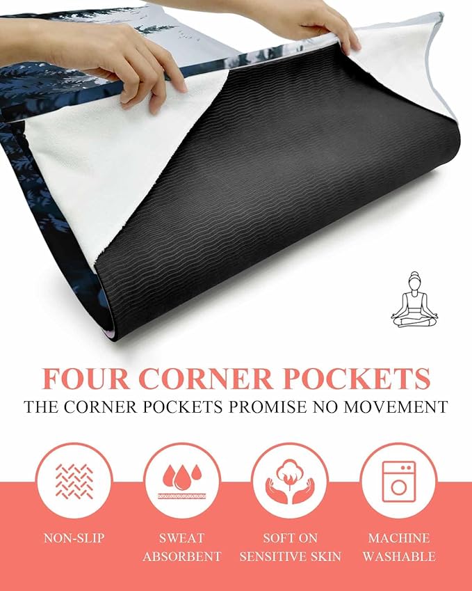 Forest Blue Trees Yoga Mat Towel with Corner Pockets for Hot Yoga Non Slip,Absorbent Yoga Blankets Microfiber Soft Gym Sweat Working Out Fitness Pilates Towels 74"x26" Watercolor Nature Bird