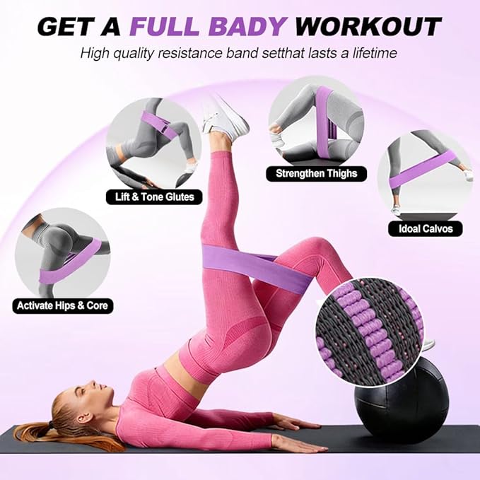 2-in-1 Fabric Resistance Bands Set & Numbered Elastic Stretching Strap - Non-Slip Glute Bands for Women, 12-Loop Stretch Workout Band with Visual Guide for Flexibility, Yoga, Rehab