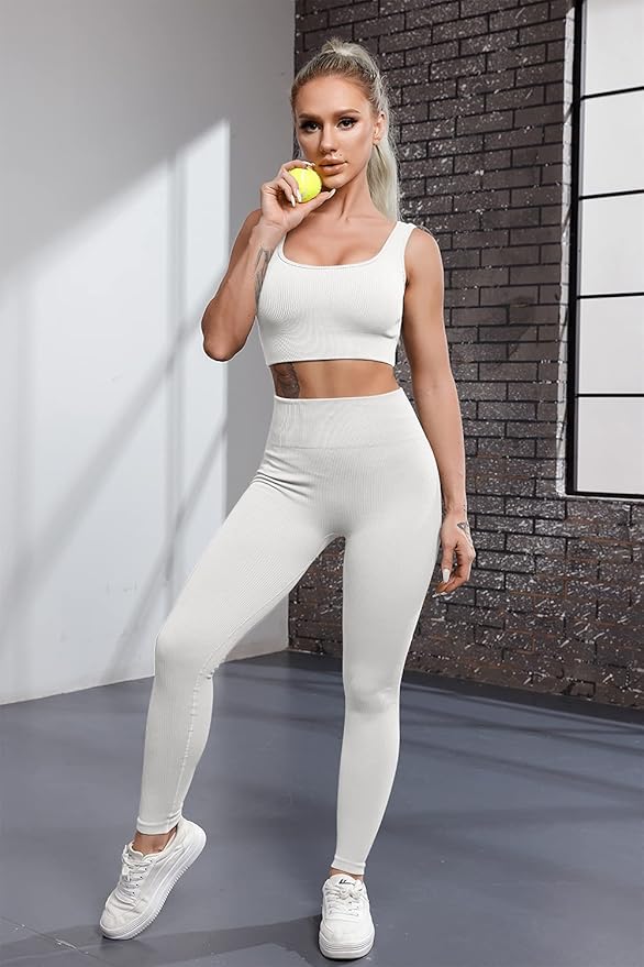 FAFOFA Ribbed Workout Outfits for Women 2 Piece Seamless Sport Bra High Waist Yoga Leggings Sets