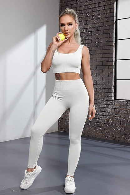 FAFOFA Ribbed Workout Outfits for Women 2 Piece Seamless Sport Bra High Waist Yoga Leggings Sets