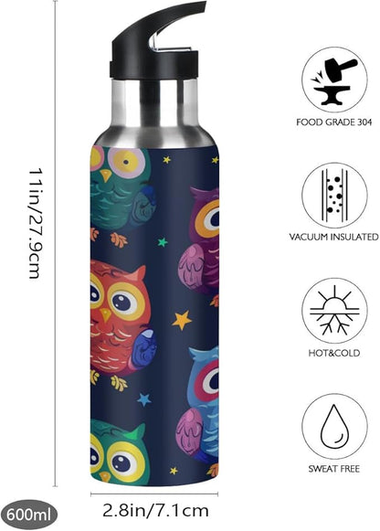 Animal Owl Vacuum Insulated Water Bottle Stainless Steel Kids Sport Jug with Straw Lid Wide Mouth Leakproof BPA Free for Bike Running Walking Outdoor 20 Oz