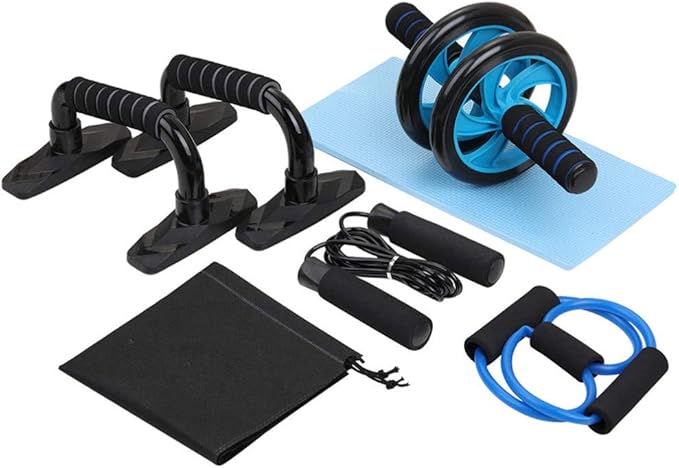 6pcs Home Gym Equipment Kit Ab Roller Wheel Push Up Bars Jump Rope Pull Band Knee Pad with Storage Bag for Househeld Indoor Fitness Exercise Workout